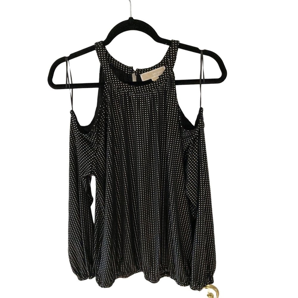 MICHAEL KORS WOMENS COLD-SHOULDER SMOCKED- BLACKSILVER Large NWT - Picture 2 of 10